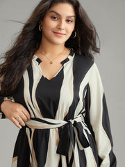 Colorblock Striped Notched Belted Lantern Sleeve Dress