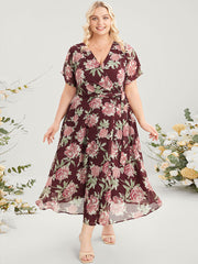 Floral Print Belted Surplice Neck Flutter Pocket Maxi Dress