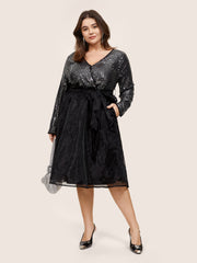 Sequin Mesh Patchwork Wrap Belted Dress