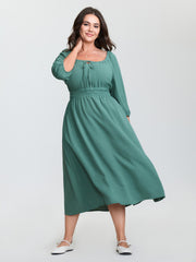 Shirred Waist Drawstring Neckline Midi Dress