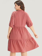 Solid Notched Lantern Sleeve Ruffle Layered Hem Dress