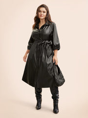 Shirt Collar PU Leather Belted Dress