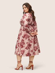 Floral Ruched Square Neck Lantern Sleeve Dress