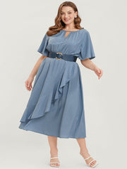 Solid Keyhole Round Neck Pocket Ruffle Trim Rib Knit Dress