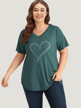 Solid Heart Rhinestone V Neck T-shirt