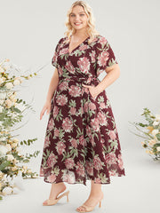 Floral Print Belted Surplice Neck Flutter Pocket Maxi Dress