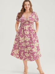 Floral Print Twist Front Puff Sleeve Pocket Ruffles Dress