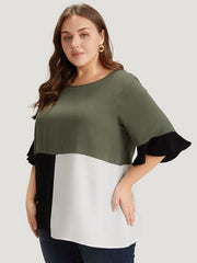 Colorblock Patchwork Flutter Half Sleeve Blouse