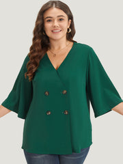 Plain Double Breasted Surplice Neck Flounce Sleeve Blouse