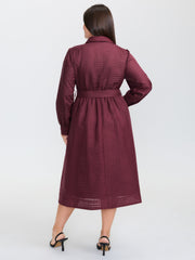 Belted Waist Textured Shirt Midi Dress