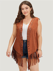 Plain Laser Cut Tassel Trim Sleeveless Kimono