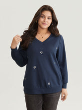 Solid Heart Sequin V Neck Sweatshirt