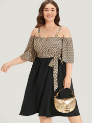 Geometric Patchwork Pocket Belted Cold Shoulder Dress