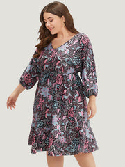 Floral Print Lantern Sleeve Elastic Waist Dress