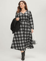 Plaid Print Pocket Lantern Sleeve Surplice Neck Midi Dress