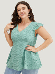 Solid Broderie Anglaise Ruffles Cap Sleeve Tank Top