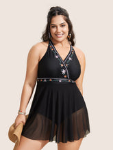 Floral Embroidered Overlap Collar Swim Dress