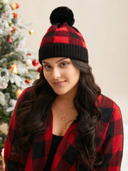 Plaid Fur Ball Contrast Hem Hat
