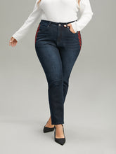Plaid Patchwork Straight Leg Dark Wash Jeans
