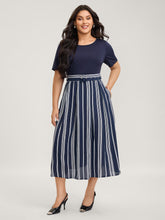 Striped Contrast Print Waist-Cinched Midi Dress