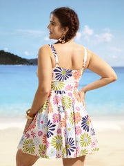 Floral Heart Neckline Ruched Swim Dress