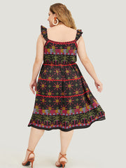 Geometric Print Ruffle Trim Pocket Ruched Detail Cami Dress