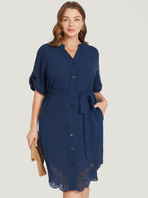 Solid Cuffed Sleeve Button Up Belted Laser Cut Arc Hem Dress