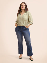 Solid Patched Pocket Tab Sleeve Blouse
