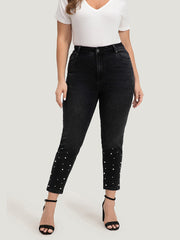 Beaded Detail Pocket Very Stretchy Black Wash Jeans