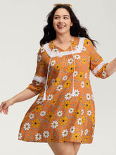 Floral Lace Trim Sheer Knee-Length Dress