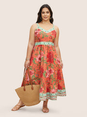 Floral Print Elastic Waist Shirred Cami Dress