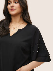 Solid Pearl Beaded Ruffle Layered Sleeve Blouse