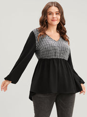 Gingham Tweed Lantern Sleeve Asymmetrical Hem Blouse
