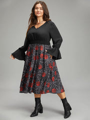 Halloween Rose Ruffles Shirred Elastic Waist Dress