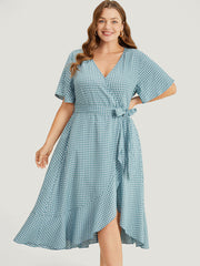 Gingham Pocket Belted Ruffle Trim Surplice Neck Dress