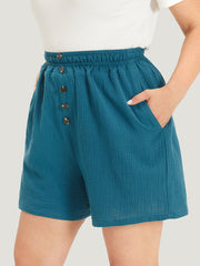 Plain Shirred Pocket Button Detail Shorts