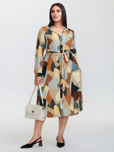 Geometric Print Contrast Tab Sleeve Midi Dress