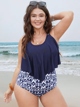 Geometric Patchwork Ruffle Trim One Piece Swimsuit