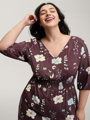 Floral Branch Print Shirred Waist Jumpsuit