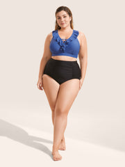 Plain Keyhole Ruffle Trim Swim Top