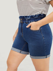 Very Stretchy High Rise Medium Wash Paperbag Waist Denim Shorts