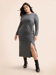 Solid Ruched Split Hem Dress