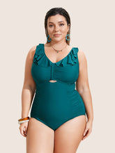 Solid Cut Out Ruffle Trim One Piece Swimsuit