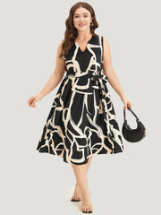 Geometric Print Pocket Notched Belted Tank Dress