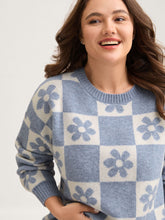 Floral Checkered Color Contrast Pullover