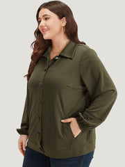 Plain Slant Pocket Button Up Elastic Cuffs Jacket