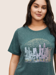 Solid Heather City Print Crew Neck T-shirt