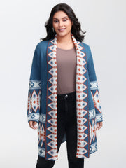 Boho Pattern Jacquard Folded Collar Knit Cardigan