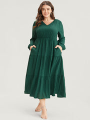 Solid V Neck Lantern Sleeve Pocket Gingham Flutter Dress