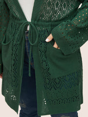 Solid Drawstring Pocket Hollow Out Cardigan